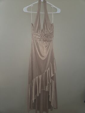 Taboo One-Shoulder Halter Ruffle Gown in Gold